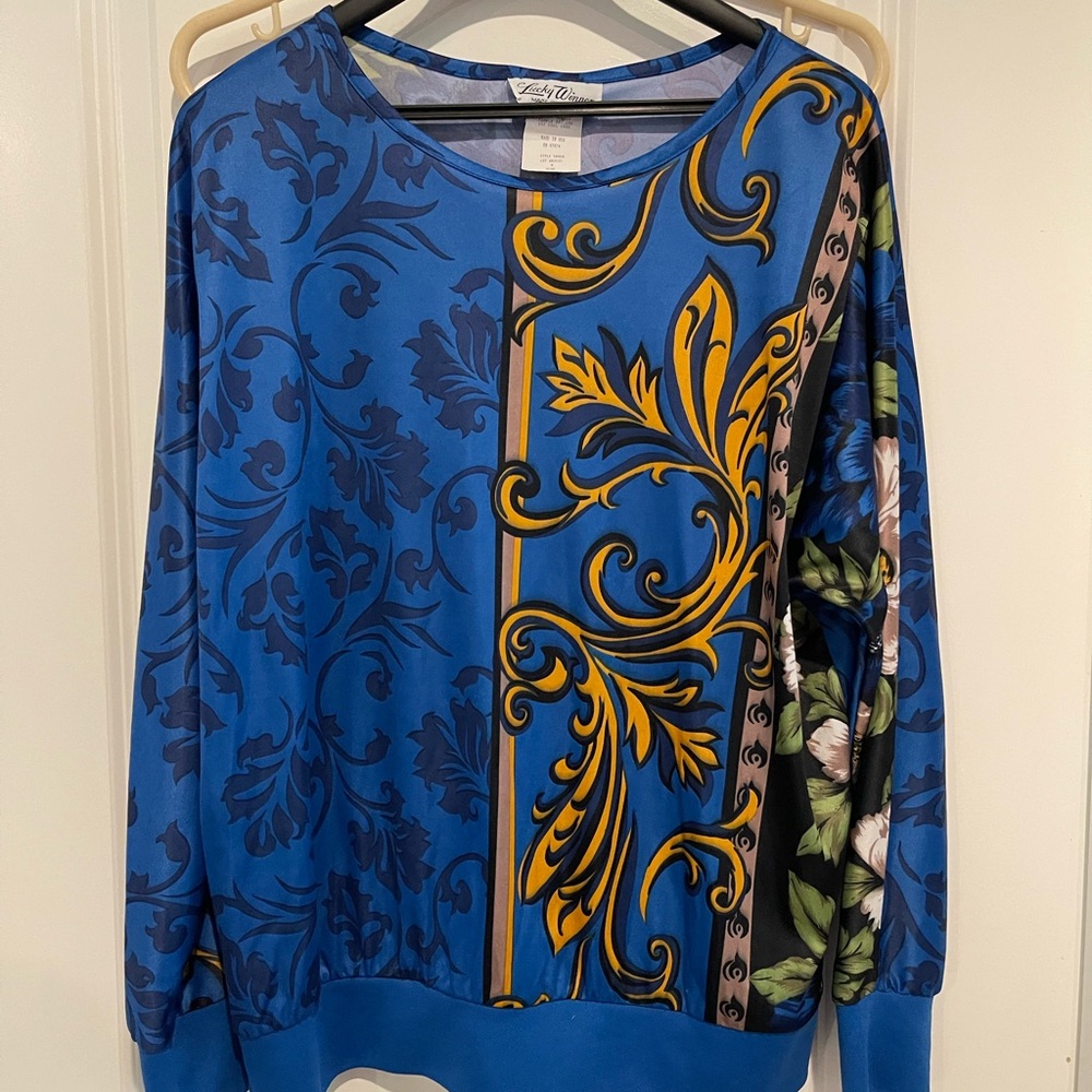 Blue Baroque Floral Print Long Sleeve Top